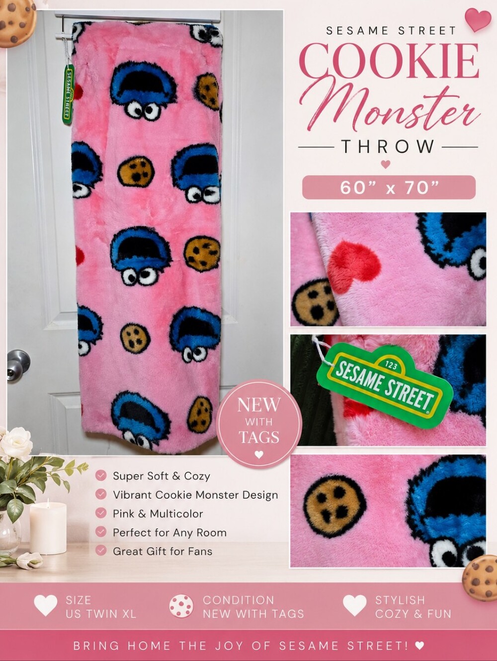 πͺβ€οΈNEW Sesame Street Cookie Monster Throw 60x70 Inches β€οΈπͺ